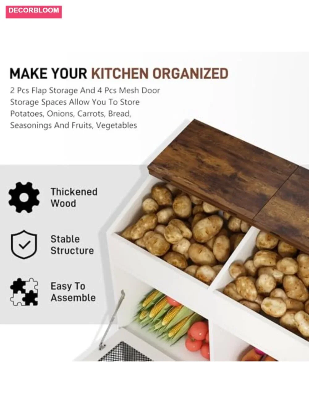 Wood Vegetable Storage Bin with Lid 6 Compartment Mesh Doors Bread Box